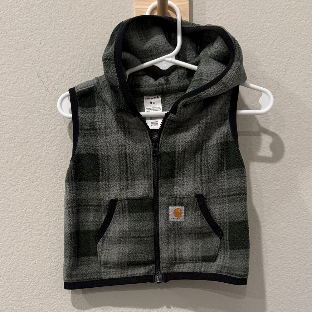 Carhartt Infant Green Plaid Hooded Vest 9 Months